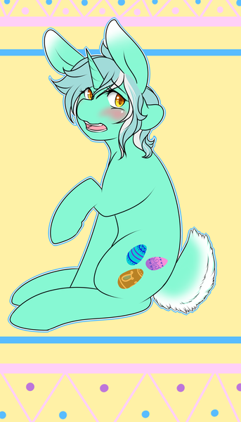 Size: 1098x1920 | Tagged: safe, artist:azure-doodle, derpibooru import, lyra heartstrings, unicorn, blushing, bunny ears, easter, female, looking back, mare, open mouth, sexually confused lyra, sitting, solo