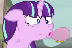 Size: 1075x717 | Tagged: angry, blowing, bubblegum, derpibooru import, discovery family logo, edit, edited screencap, floppy ears, focus, food, gum, image macro, meme, ragelight glimmer, safe, screencap, solo, starlight glimmer, the cutie map