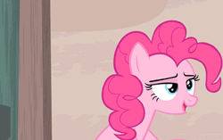 Size: 430x270 | Tagged: suggestive, derpibooru import, edit, edited screencap, screencap, pinkie pie, pony, the cutie map, animated, bipedal, caption, cheering, eyes closed, gif with captions, grin, happy, implied anal, meme, right up the butt, smiling, solo, talking