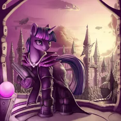 Size: 3000x2988 | Tagged: safe, artist:sceathlet, derpibooru import, twilight sparkle, pony, unicorn, airship, archmage, book, city, clothes, female, mage, mare, robe, scenery, scenery porn, smiling, solo, tower, unicorn twilight