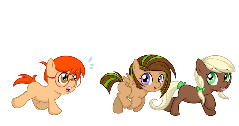 Size: 4000x2103 | Tagged: safe, artist:askbubblelee, derpibooru import, oc, oc:cocoa bean, oc:kiwi breeze, oc:peanut, unofficial characters only, braces, cute, foal, freckles, glasses, running, simple background, tongue out, transparent background