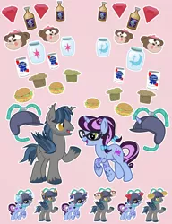 Size: 1846x2400 | Tagged: safe, artist:pixelkitties, derpibooru import, oc, oc:pixelkitties, oc:sharpie fume, unofficial characters only, bat pony, pony, arrogant trixie ale, baked bads, burger, chilled monkey brain, drinking hat, food, hat, hay burger, jewel, national beer day, pabst blue ribbon