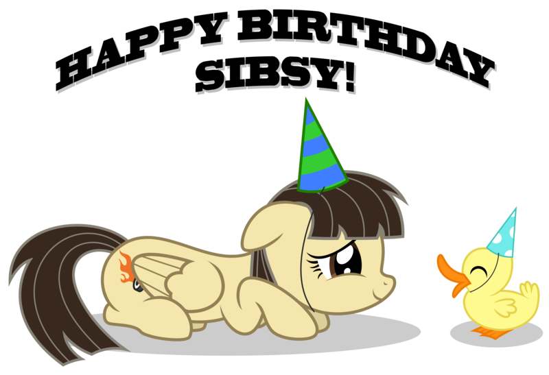 Size: 8192x5600 | Tagged: safe, artist:thatguy1945, derpibooru import, wild fire, bird, duck, pegasus, pony, absurd resolution, birthday, cute, duckling, duo, female, floppy ears, happy birthday, hat, mare, party hat, ponysona, prone, sibsy, simple background, smiling, solo, that pony sure does love ducks, transparent background, vector