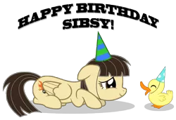Size: 8192x5600 | Tagged: safe, artist:thatguy1945, derpibooru import, wild fire, bird, duck, pegasus, pony, absurd resolution, birthday, cute, duckling, duo, female, floppy ears, happy birthday, hat, mare, party hat, ponysona, prone, sibsy, simple background, smiling, solo, that pony sure does love ducks, transparent background, vector