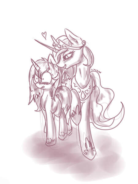 Size: 3000x4000 | Tagged: artist:vincher, blushing, derpibooru import, heart, monochrome, oc, oc:vincher, princess celestia, princess molestia, raised hoof, style emulation, suggestive