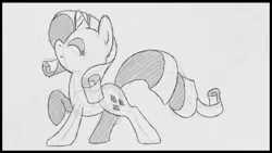 Size: 540x304 | Tagged: artist:rad-man, derpibooru import, eyes closed, looking up, monochrome, raised hoof, rarity, safe, simple background, sketch, solo, standing, traditional art, white background