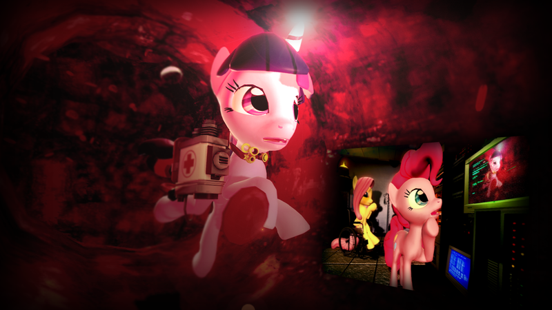 Size: 1366x768 | Tagged: 3d, artist:midnightmint-1, derpibooru import, fluttershy, gmod, internal, medic, pinkie pie, safe, twilight sparkle, x-ray