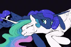 Size: 1280x853 | Tagged: safe, artist:silfoe, derpibooru import, princess celestia, princess luna, alicorn, pony, royal sketchbook, comforting, crying, eyes closed, female, mare, silfoe is trying to murder us, simple background, smiling