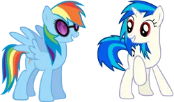 Size: 4312x2527 | Tagged: safe, artist:shelmo69, derpibooru import, rainbow dash, vinyl scratch, pegasus, pony, unicorn, accessory swap, cutie mark, female, hooves, horn, mare, missing accessory, red eyes, simple background, smiling, spread wings, sunglasses, teeth, transparent background, vector, wings, wrong eye color