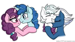 Size: 2560x1430 | Tagged: safe, artist:drako1997, derpibooru import, double diamond, night glider, party favor, sugar belle, earth pony, pegasus, pony, unicorn, the cutie map, bedroom eyes, biting, blushing, boop, clothes, equal four, eyes closed, female, hickey, hug, kissing, love bite, male, mare, neck biting, neck kiss, nightdiamond, noseboop, partybelle, scarf, shipping, simple background, stallion, straight, transparent background