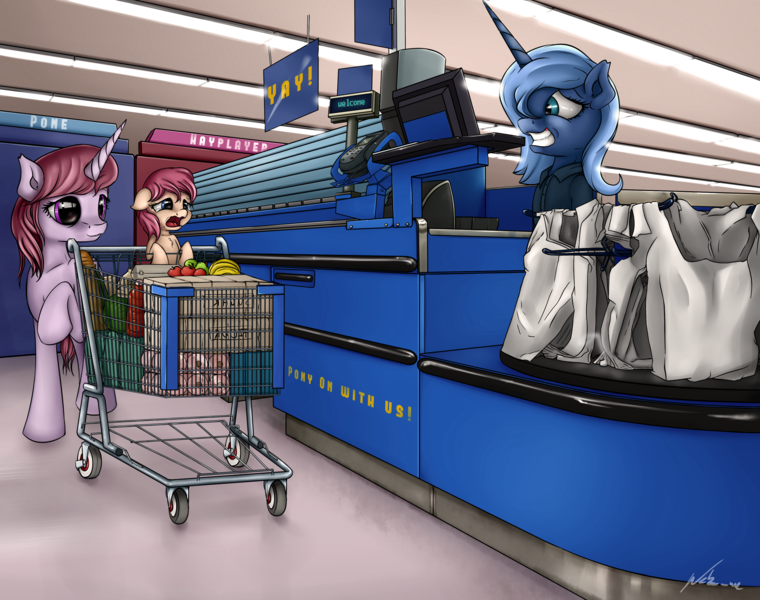 Size: 3120x2463 | Tagged: safe, artist:neko-me, derpibooru import, princess luna, oc, alicorn, earth pony, pony, unicorn, apple, banana, cash register, checkout line, clothes, counter, crying, fake smile, female, filly, foal, food, forced smile, fruit, groceries, grocery bag, grocery store, mare, open mouth, pear, retail, s1 luna, shirt, shopping, shopping cart, store, walmart, woona