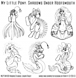 Size: 1000x1024 | Tagged: angler fish, angler seapony, artist:grottokraft, clam, derpibooru import, eel, long hair, long tail, merpony, monochrome, monster pony, oc, octopony, octopus, original species, safe, sea urchin, unofficial characters only