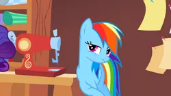 Size: 1366x768 | Tagged: art of the dress, carousel boutique, derpibooru import, rainbow dash, safe, screencap, sewing machine, solo, suited for success