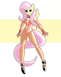 Size: 1200x1500 | Tagged: suggestive, artist:helixjack, derpibooru import, fluttershy, anthro, ankle cuffs, bodysuit, bunny suit, clothes, cosplay, costume, cuffs (clothes), encasement, female, forced cosplay, high heels, image, latex, latex suit, locking high heels, mask, masking, padlock, playboy bunny, png, ponysuit, rubber, solo, solo female