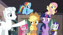 Size: 640x354 | Tagged: safe, derpibooru import, edit, edited screencap, screencap, applejack, double diamond, fluttershy, pinkie pie, rainbow dash, rarity, twilight sparkle, twilight sparkle (alicorn), alicorn, pony, the cutie map, caption, female, implied death, implied murder, mane six, mare, meme, when she doesn't smile, youtube caption