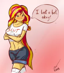 Size: 552x625 | Tagged: suggestive, artist:newbluud, derpibooru import, sunset shimmer, equestria girls, belly button, bet, blushing, breasts, busty sunset shimmer, clothes, female, midriff, slut, slut shirt, solo, tsundere, tsunset shimmer, vulgar, wide hips