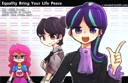 Size: 1280x832 | Tagged: artist:c-minded, clothes, derpibooru import, engrish, equestria girls outfit, human, humanized, pinkie pie, safe, skirt, starlight glimmer, sugar belle, the cutie map