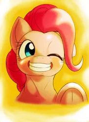 Size: 1000x1375 | Tagged: artist:ushiro no kukan, derpibooru import, grin, pinkie pie, safe, solo, wink