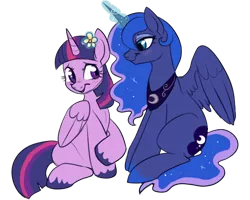 Size: 594x476 | Tagged: safe, artist:lulubell, derpibooru import, princess luna, twilight sparkle, twilight sparkle (alicorn), alicorn, pony, blushing, female, flower, lesbian, magic, mare, shipping, simple background, sitting, transparent background, twiluna