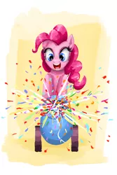 Size: 2288x3421 | Tagged: safe, artist:clrb, derpibooru import, pinkie pie, confetti, party cannon, solo