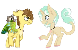 Size: 487x311 | Tagged: safe, artist:darabirb, derpibooru import, oc, oc:pocky, oc:ronan, unofficial characters only, bird, classical unicorn, pony, unicorn, leonine tail, slightly gay undertones, tailmouth