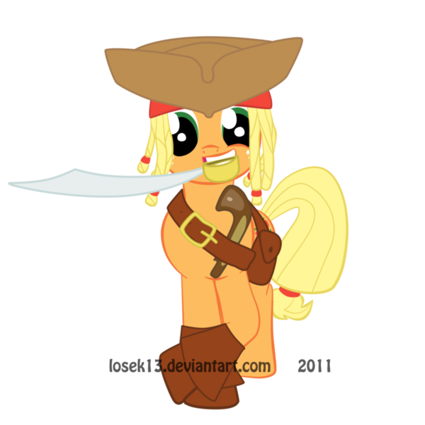 Size: 894x894 | Tagged: applejack, artist:losek13, cutlass, derpibooru import, flintlock, jack sparrow, mouth hold, pirate, pirates of the caribbean, pun, safe, solo, sword