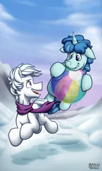 Size: 907x1519 | Tagged: safe, artist:bcpony, derpibooru import, double diamond, party favor, earth pony, pony, unicorn, the cutie map, ball, beach ball, bouncing, clothes, cute, favorbetes, gay, male, partydiamond, scarf, shipping