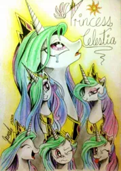 Size: 1455x2048 | Tagged: safe, artist:andypriceart, artist:janadashie, derpibooru import, princess celestia, crying, laughing, solo, tongue out, traditional art, wink