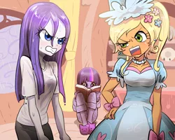 Size: 1000x800 | Tagged: safe, artist:quizia, derpibooru import, applejack, rarity, twilight sparkle, equestria girls, look before you sleep, alternate hairstyle, angry, book, bra, clothes, dress, equestria girls interpretation, female, froufrou glittery lacy outfit, hand on hip, hennin, jewelry, necklace, purple underwear, reading, scene interpretation, see-through, slippers, trio, underwear, wet, wet hair, wet hairity, wet shirt