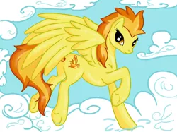 Size: 1890x1417 | Tagged: artist:mercyantebellum, cloud, cloudy, derpibooru import, raised hoof, safe, solo, spitfire, spread wings, underhoof