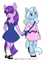 Size: 374x507 | Tagged: safe, artist:bunnycat, derpibooru import, trixie, twilight sparkle, alicorn, anthro, unicorn, chibi, commission, cute, female, holding hands, lesbian, relationship, shipping, twixie