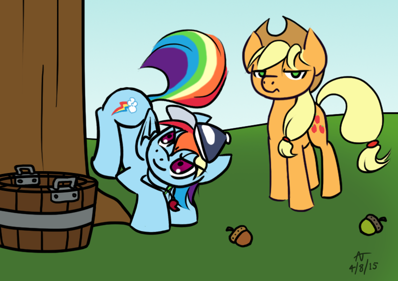 Size: 858x606 | Tagged: acorn, applebucking, applejack, applejack is not amused, artist:howlsinthedistance, backwards cutie mark, baseball cap, coach, derpibooru import, hat, rainbow dash, rainbow dashs coaching whistle, safe, whistle, whistle necklace