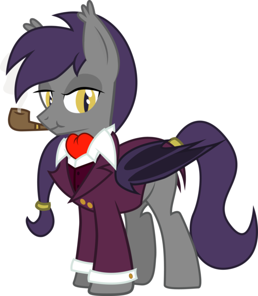 Size: 2589x2974 | Tagged: safe, artist:duskthebatpack, derpibooru import, oc, oc:center stage, unofficial characters only, bat pony, pony, :t, ascot, clothes, dapper, fancy, jacket, looking at you, male, pipe, simple background, smoking, solo, stallion, suit, transparent background, vector