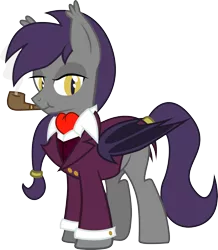 Size: 2589x2974 | Tagged: safe, artist:duskthebatpack, derpibooru import, oc, oc:center stage, unofficial characters only, bat pony, pony, :t, ascot, clothes, dapper, fancy, jacket, looking at you, male, pipe, simple background, smoking, solo, stallion, suit, transparent background, vector