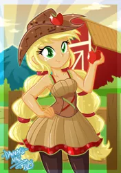 Size: 2106x3000 | Tagged: safe, artist:danmakuman, derpibooru import, applejack, equestria girls, friendship through the ages, rainbow rocks, alternate hairstyle, apple, armpits, clothes, country applejack, cowboy hat, cute, female, food, freckles, hat, jackabetes, pantyhose, pigtails, sleeveless, solo