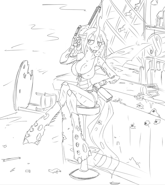 Size: 744x837 | Tagged: suggestive, artist:drakecreator, derpibooru import, queen chrysalis, anthro, alcohol, bar, bottle, breasts, bullet hole, busty queen chrysalis, drink, female, gun, monochrome, rifle, saloon, sitting, smiling, solo, whiskey