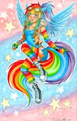 Size: 654x1034 | Tagged: artist:c-beni, clothes, converse, derpibooru import, eared humanization, human, humanized, rainbow dash, rainbow socks, safe, socks, solo, striped socks, tailed humanization, winged humanization