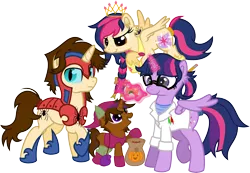 Size: 10807x7500 | Tagged: safe, artist:mactavish1996, artist:moonlight-ki, derpibooru import, sci-twi, twilight sparkle, oc, oc:ben parker sparkle, oc:mayday parker sparkle, ponified, alicorn, pegasus, pony, unicorn, absurd resolution, candy, female, food, green goblin, mare, nightmare night, offspring, parent:peter parker, parent:twilight sparkle, parents:spidertwi, peter parker, scitwilicorn, simple background, spider-man, spiders and magic: rise of spider-mane, transparent background, vector