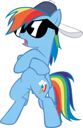 Size: 469x721 | Tagged: safe, artist:grinning-alex, derpibooru import, rainbow dash, pegasus, pony, backwards ballcap, backwards cutie mark, baseball cap, bipedal, crossed hooves, female, hat, mare, open mouth, simple background, solo, sunglasses, transparent background, vector