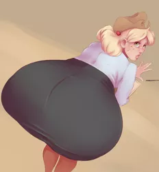 Size: 1906x2050 | Tagged: applebucking thighs, applebutt, applejack, artist:sundown, ass, bent over, clothes, derpibooru import, female, freckles, huge butt, human, humanized, impossibly large butt, large butt, looking at you, looking back, open mouth, pen, scar, secretary, skirt, solo, solo female, suggestive, the ass was fat