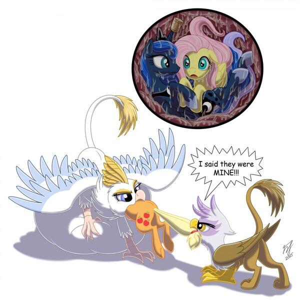 Size: 900x900 | Tagged: questionable, semi-grimdark, artist:goldy-gry, derpibooru import, applejack, fluttershy, gilda, princess luna, oc, oc:angelissa, gryphon, cork, digestion, fetish, flutterprey, food chain, griffons doing griffon things, head first, implied death, implied digestion, internal, multiple prey, mythologically accurate, plot, predator, prey, stomach, stomach acid, this will end in death, vore