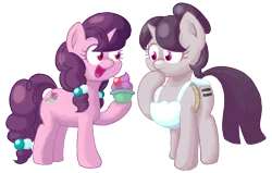 Size: 1049x666 | Tagged: apron, artist:mrponiator, clothes, cupcake, derpibooru import, duality, equal cutie mark, equalized, open mouth, raised hoof, safe, self ponidox, simple background, sugar belle, the cutie map, transparent background