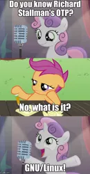 Size: 490x942 | Tagged: bad sweetie belle joke, bloom and gloom, derpibooru import, exploitable meme, gnu, image macro, linux, meme, otp, richard stallman, safe, scootaloo, sweetie belle