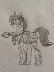 Size: 449x600 | Tagged: safe, artist:zigragirl, derpibooru import, oc, oc:lucky seven, unofficial characters only, android, pony, robot, robot pony, unicorn, male, monochrome, pencil drawing, roboticization, solo, stallion, terminator, traditional art