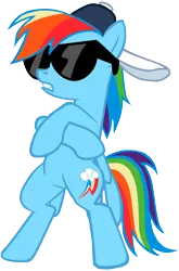 Size: 1316x1992 | Tagged: safe, artist:flutterflyraptor, derpibooru import, rainbow dash, pegasus, pony, backwards ballcap, backwards cutie mark, baseball cap, bipedal, crossed hooves, female, hat, mare, simple background, solo, sunglasses, transparent background, vector