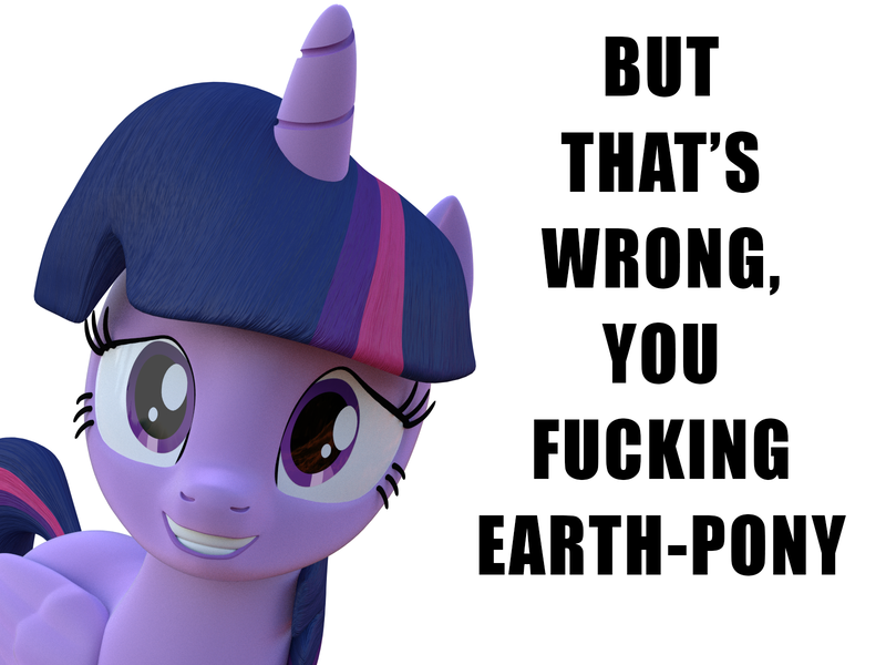 Size: 1600x1200 | Tagged: safe, artist:3d thread, artist:creatorofpony, derpibooru import, edit, twilight sparkle, twilight sparkle (alicorn), alicorn, pony, /mlp/, 3d, 3d model, blender, female, mare, meme, out of character, racism, simple background, smuglight sparkle, vulgar, white background, wrong