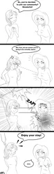 Size: 750x2400 | Tagged: 4koma, artist:chargingturtle, blushing, breast reduction, breasts, busty fluttershy, comic, delicious flat chest, derpibooru import, embarrassed, female, flattershy, fluttershy, human, humanized, monochrome, s5 starlight, small breasts, staff, staff of sameness, starlight glimmer, suggestive, the cutie map