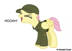 Size: 1600x1143 | Tagged: safe, artist:ethanchang, derpibooru import, fluttershy, pegasus, pony, 1st awesome platoon, alternate hairstyle, army, eyes closed, female, flutteryay, hooah, mare, military, military uniform, simple background, solo, us army, white background, yay