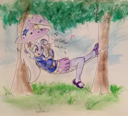 Size: 1280x1163 | Tagged: safe, artist:manfartwish, derpibooru import, trixie, equestria girls, hammock, sandals, solo, traditional art, ukulele