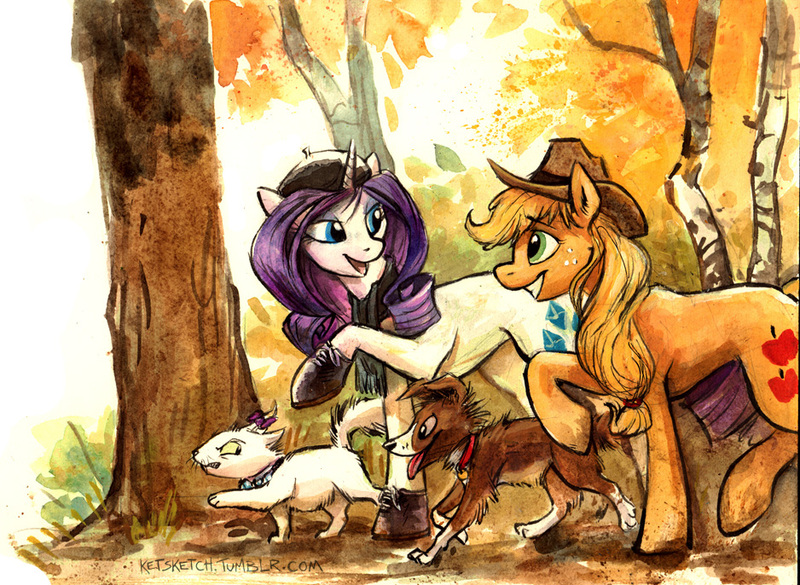 Size: 938x686 | Tagged: safe, artist:kenket, derpibooru import, applejack, opalescence, rarity, winona, earth pony, pony, unicorn, angry, autumn, boots, bow, clothes, dirty, eye contact, eyeshadow, female, floppy ears, forest, freckles, hat, lidded eyes, looking at each other, looking back, makeup, mare, nature, open mouth, raised hoof, raised leg, scarf, smiling, tongue out, traditional art, tree, walking